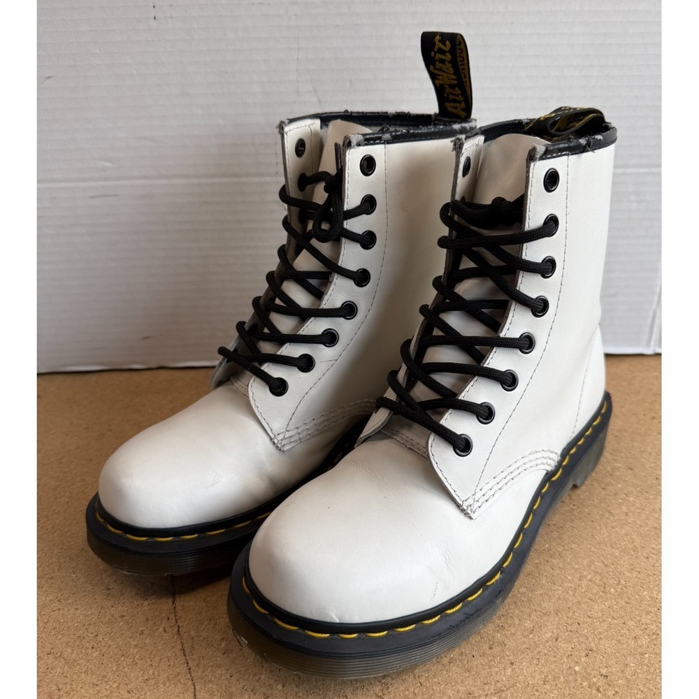 Womens Sz 7 Dr. Martens White Combat Boots Leather - FLAW (READ)